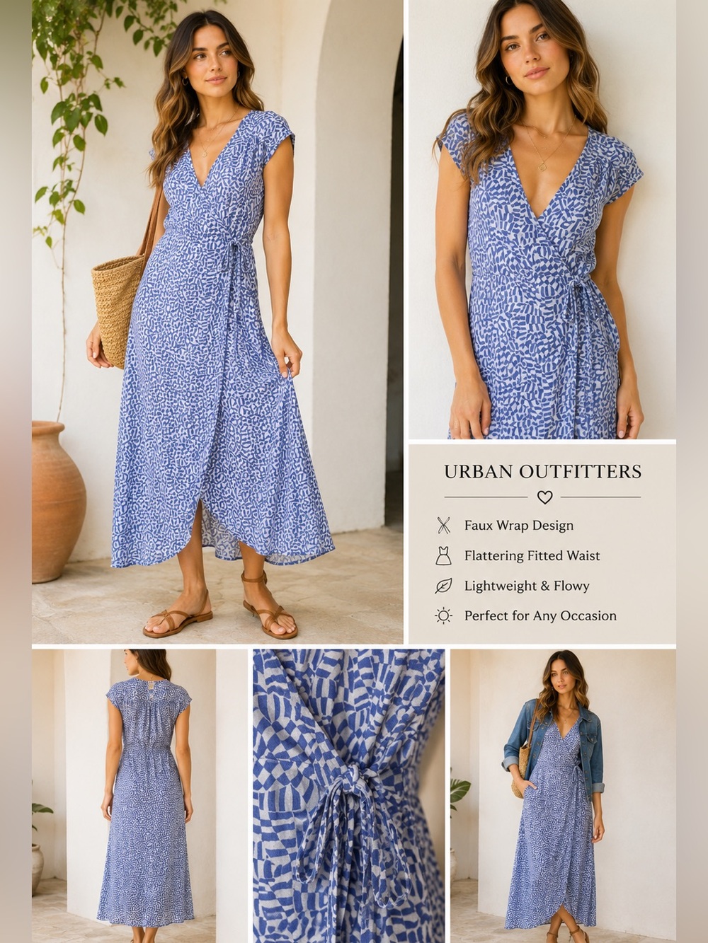 Urban Outfitters Blue Abstract Geometric Faux Wrap Midi Dress XS Cottagecore